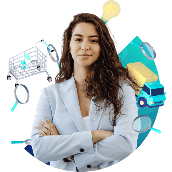 Woman surrounded by diverse floating icons.