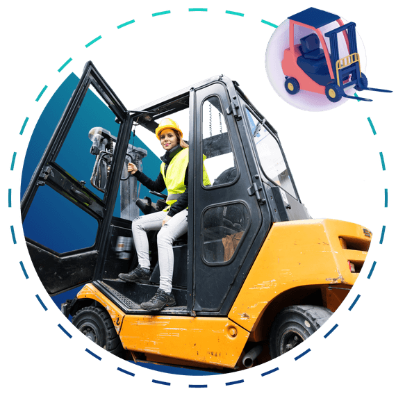 Woman sitting in a forklift.