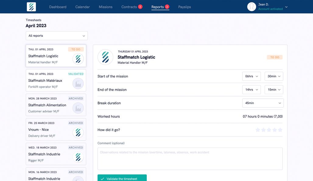 Screenshot illustrating the “Shift reports and contracts” feature.