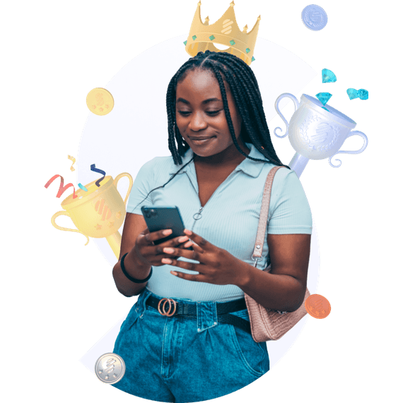 Woman using smartphone surrounded by fidelity program medals and cups icons.