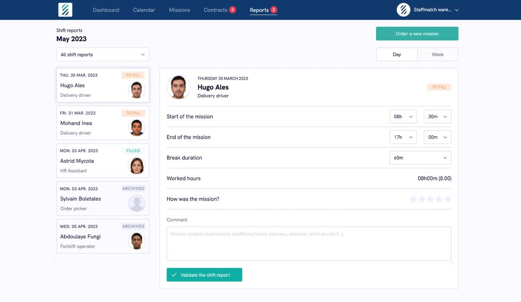 Screenshot illustrating the “Shift reports” feature.