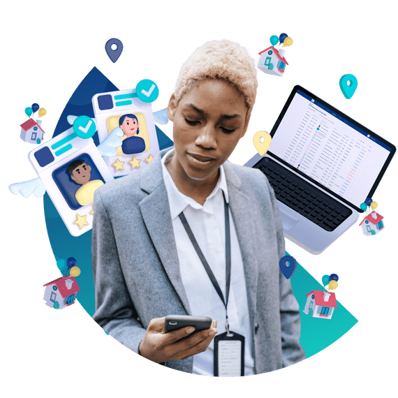 Woman using a smartphone, diverse icons and a laptop floating around her.