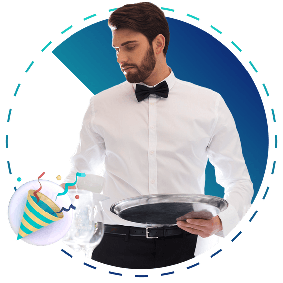 Waiter holding a cup of coffee and a tray, party popper icon floating around him.