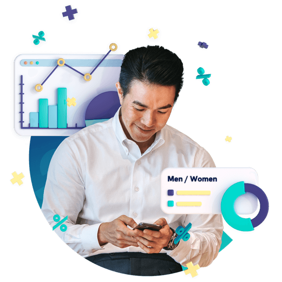 Man using his smartphone surrounded by diverse graphs icons.