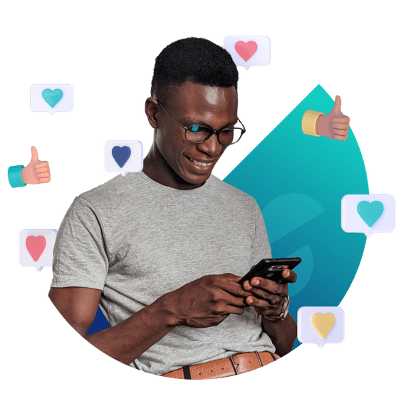 Homme utilisant son smartphone entourés de diverses icônes positives.