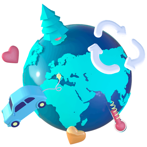 Earth illustration with diverse caring icons floating around it.