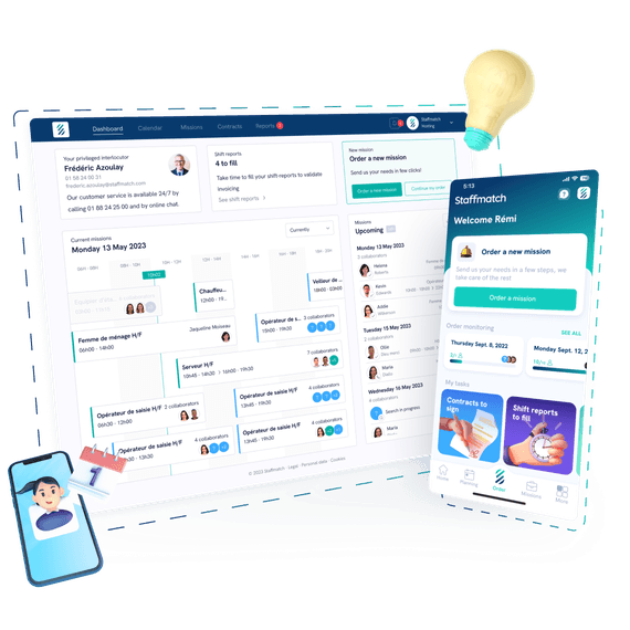 Screenshots of Staffmatch business web and mobile applications, icon of smartphone next to it.