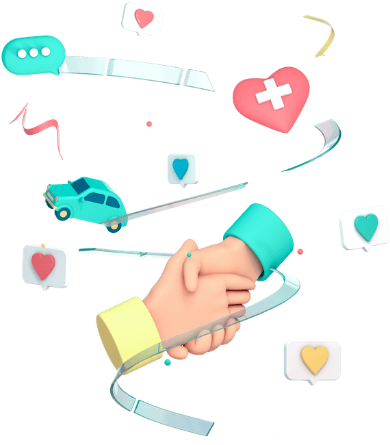 Illustration with diverses icons of hands shaking and hearts.