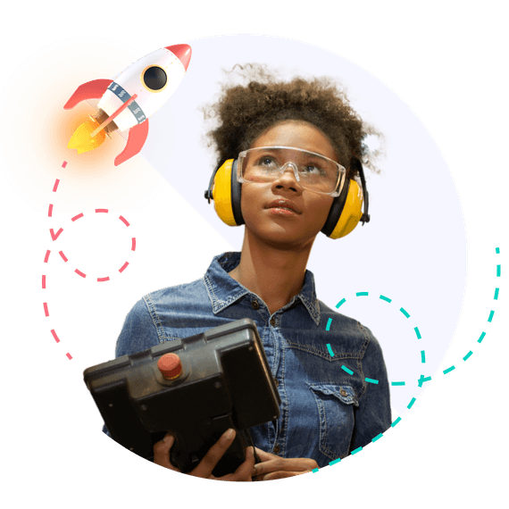 Woman wearing safety glasses and ear defenders, rocket icon next to her.