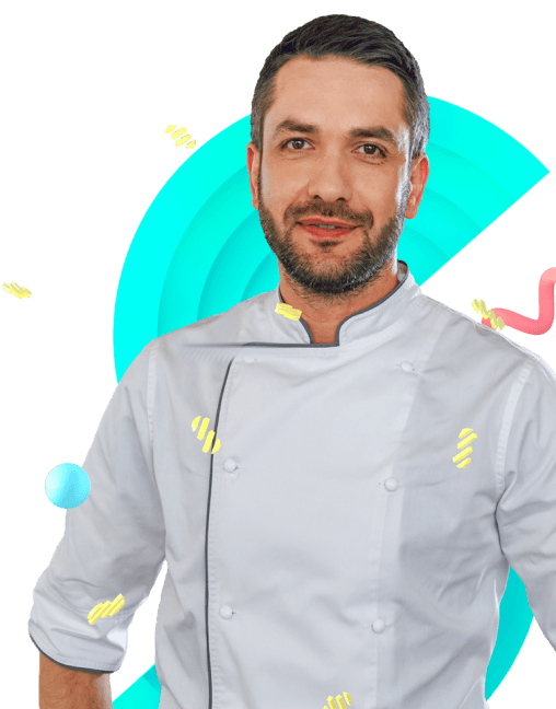 Man wearing a chef jacket.