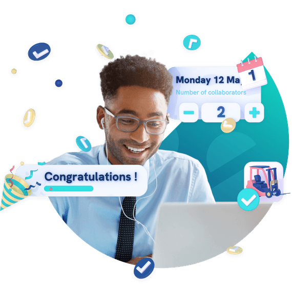 Man using a laptop, diverse icons floating around him.