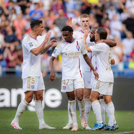 The Olympique Lyonnais team celebrating a victory.