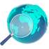 Magnifying glass and earth planet icon.