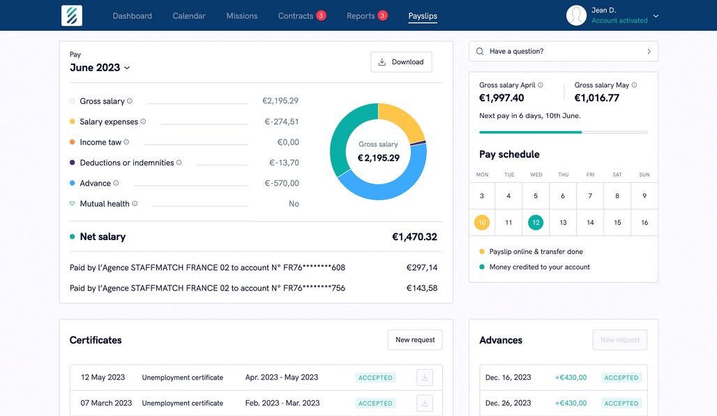 Screenshot illustrating the “Payslips and documents” feature.