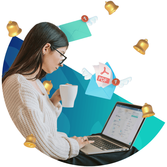 Woman using a laptop, envelopes floating around her.