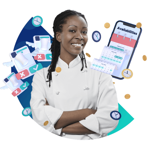 Woman surrounded by diverses mobile app illustrations.