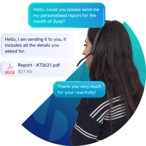 Woman wearing headphones, chat bubbles floating around her.