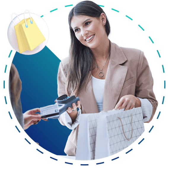 Woman cashing purchase from customer, shopping bag icon next to her.