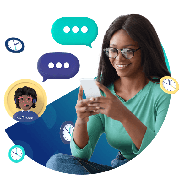 Woman on her phone, conversation bubbles and clocks.